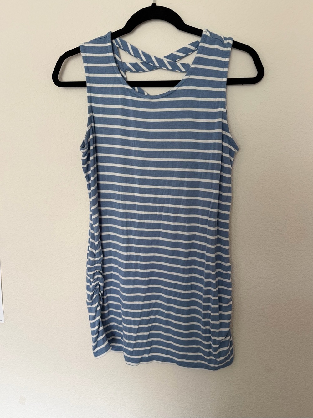 Maternity Striped Blue & White Sleeveless Crisscross Back Tank Top